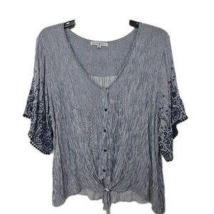 Dylan Ryan DR Blue Stripe Short Sleeve Button-Tie-Front Gauzy Blouse  Size 2X